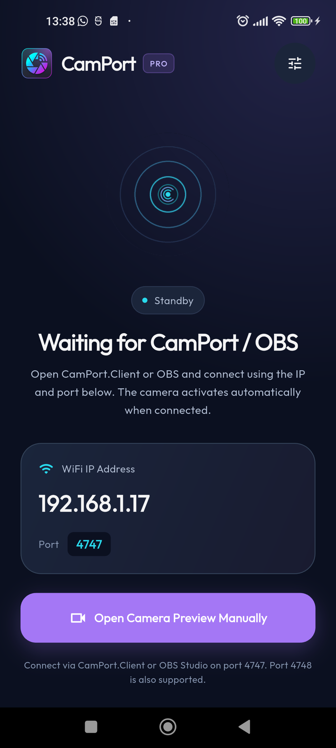 CamPort standby screen with the connection IP address and port