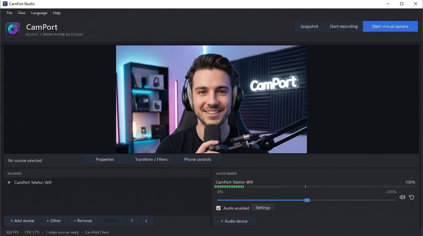 CamPort Studio desktop app displaying a phone camera, source list, audio mixer, recording and virtual camera controls